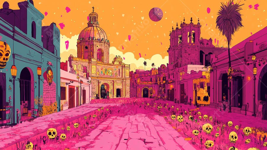 Rua mexicana vibrante com caveiras coloridas e igrejas estilo Dia de los Muertos