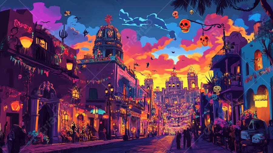 Rua mexicana colorida com decorações de Dia de Muertos ao pôr do sol