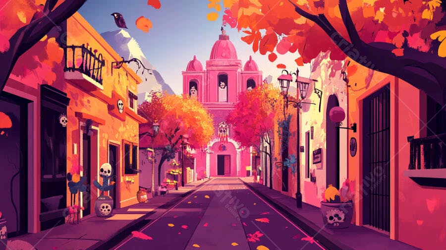 Rua Dia de Muertos vibrante igreja rosa e folhagem de outono