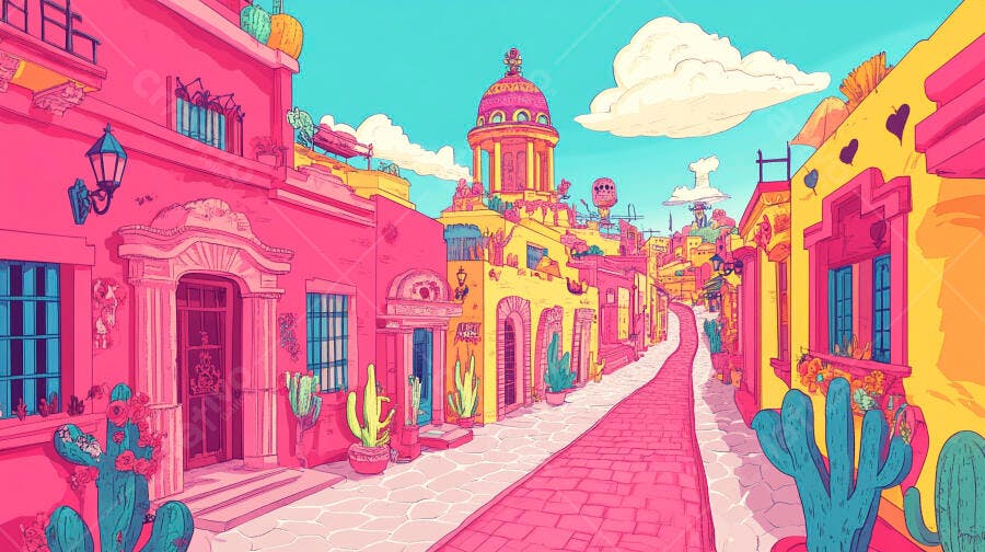 Rua colorida de cidade mexicana com arquitetura vibrante e cactos