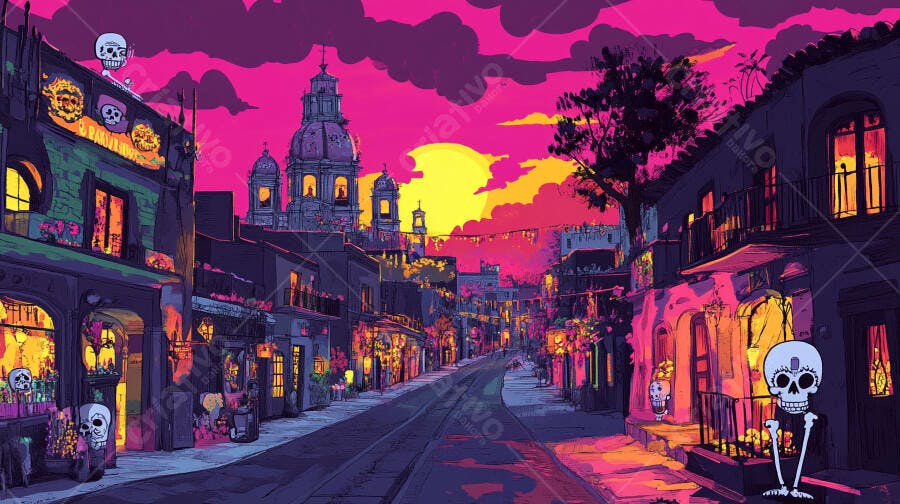 Rua vibrante de cidade mexicana com calaveras ao pôr do sol Dia de Muertos
