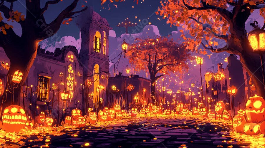 Rua festiva de Halloween com abóboras iluminadas e árvores de outono à noite