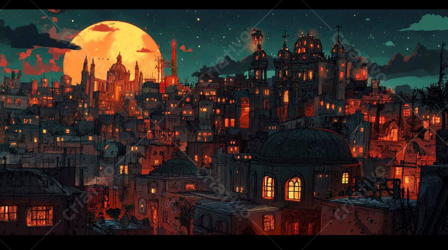 Cidade antiga com luzes acesas sob lua cheia laranja e céu estrelado noturno