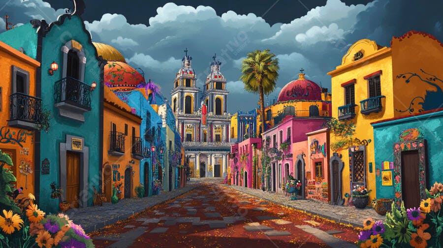 Rua colorida de cidade colonial mexicana com igreja e flores vibrantes ilustração