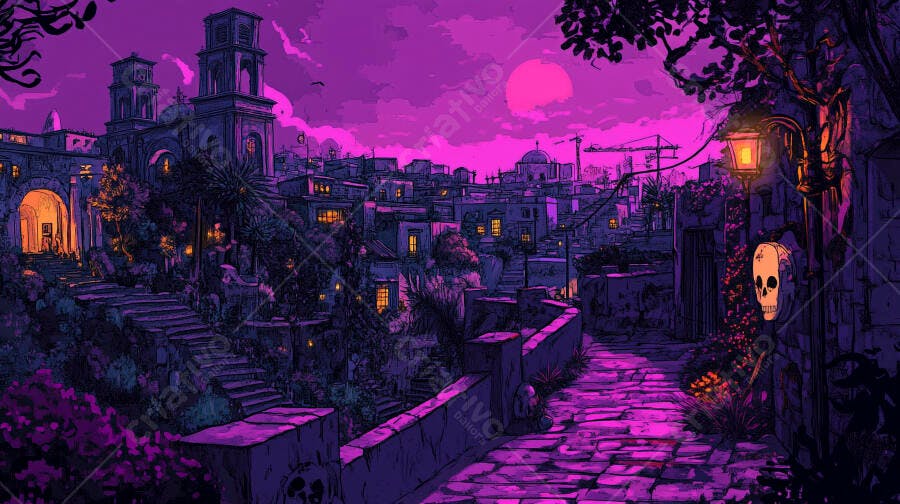 Cidade antiga noturna com céu roxo vibrante e luzes amarelas em ruas de pedra