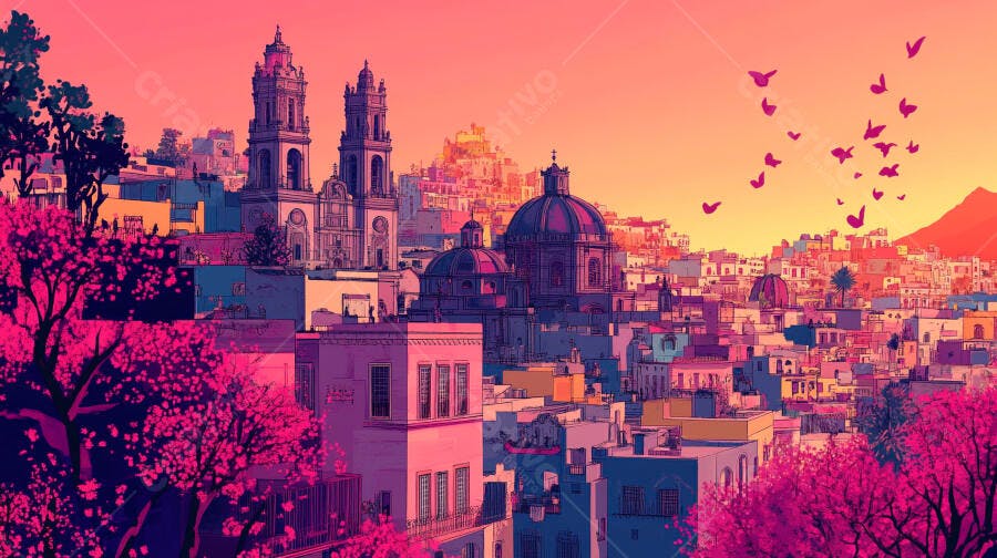 Cidade vibrante ao pôr do sol com arquitetura colorida e árvores rosas