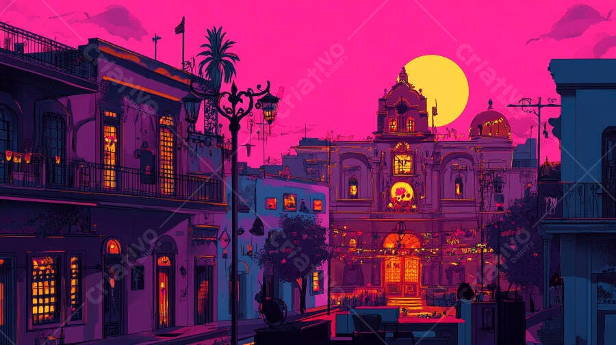Rua vibrante com edifícios coloridos, céu rosa e lua cheia amarela