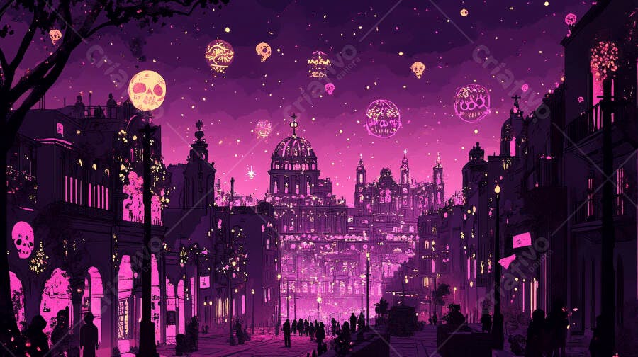 Cidade noturna roxa rosa com arquitetura gótica e luzes flutuantes de caveira