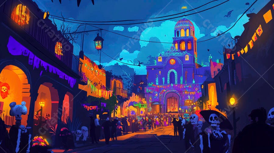 Celebração Dia dos Mortos rua mexicana noturna com esqueletos e cores vibrantes