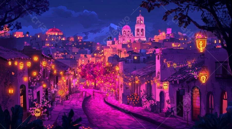 Cidade colorida iluminada com luzes de caveira em noite festiva