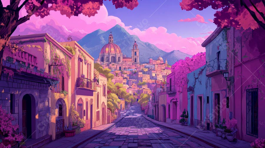 Cidade colonial rosa e roxa com rua de paralelepípedos e igreja imponente