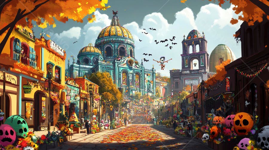 Rua festiva Dia de los Muertos colorida com calaveras e edifícios mexicanos