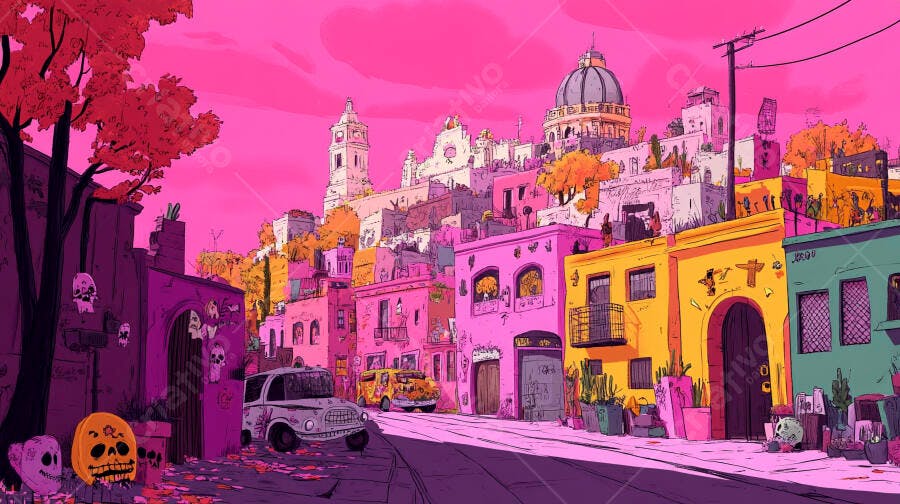 Rua colorida em cidade mexicana estilo Dia de los Muertos com casas vibrantes