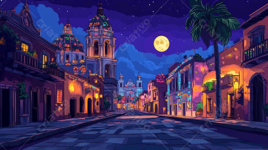 Rua noturna vibrante de cidade histórica com igreja e palmeira