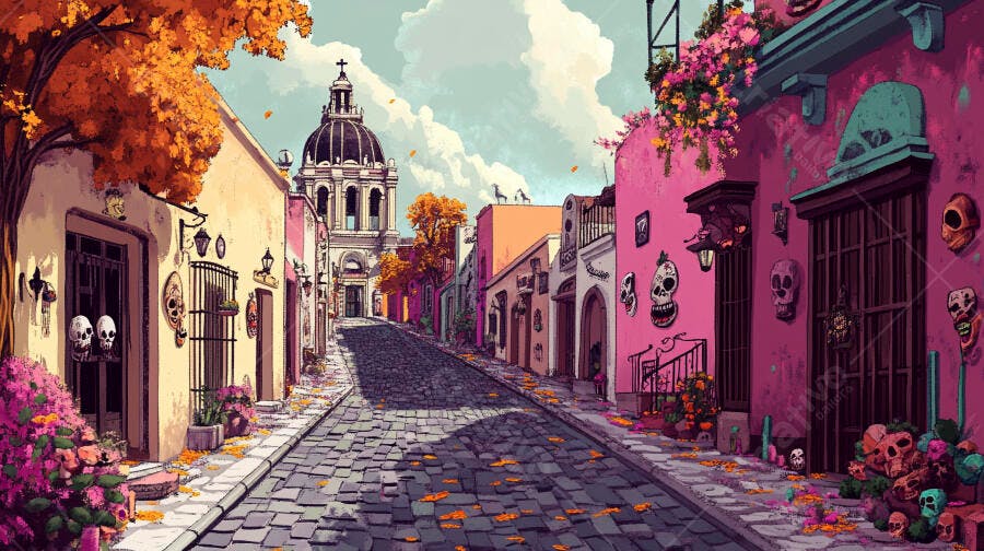Rua mexicana colorida com decorações de Dia dos Mortos e igreja colonial