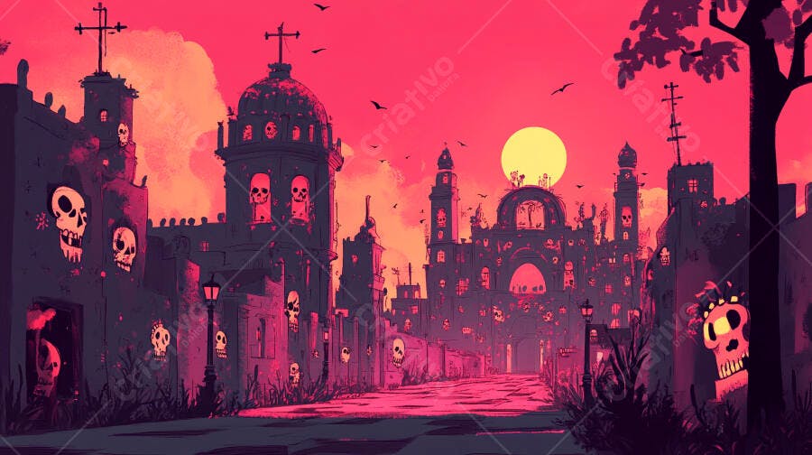 Cenário de cidade com caveiras vibrantes para Dia dos Mortos ao entardecer