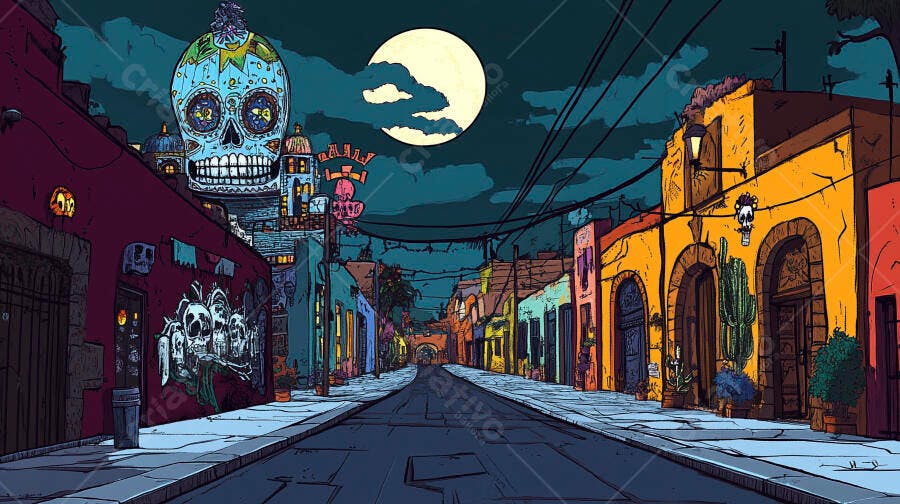 Rua mexicana noturna com calavera gigante e lua cheia colorida