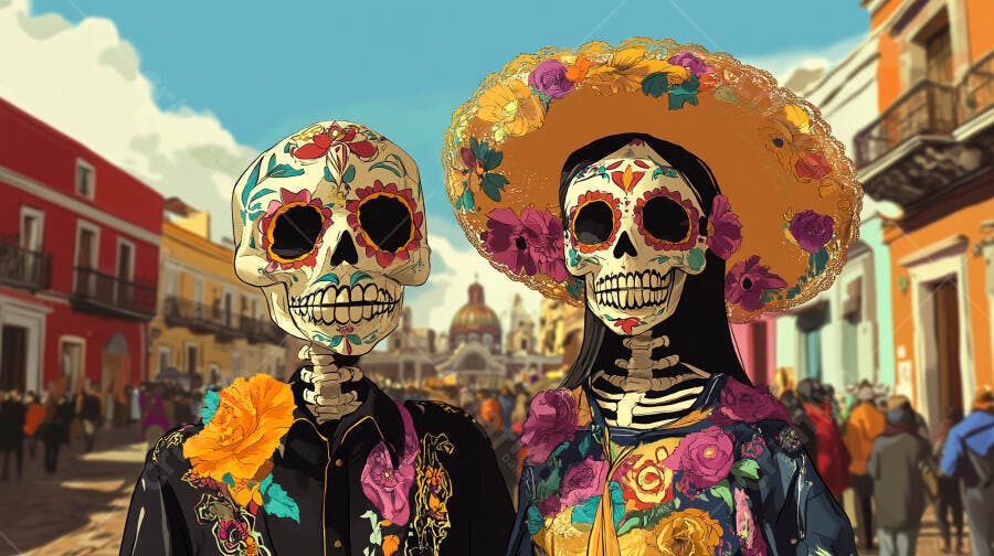 Casal de caveiras Catrina no Dia dos Mortos em cidade mexicana colorida