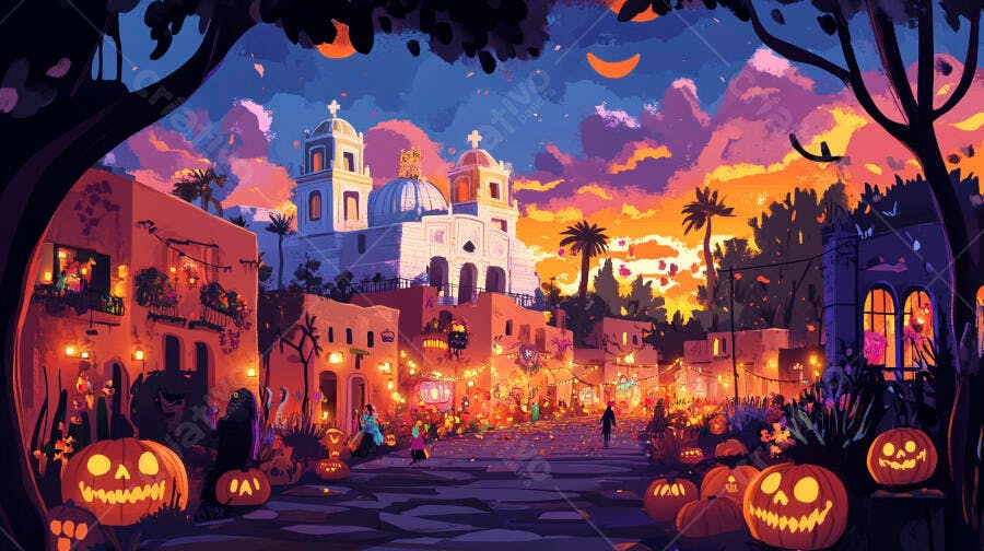 Celebração de Halloween em cidade colonial iluminada com abóboras e igreja