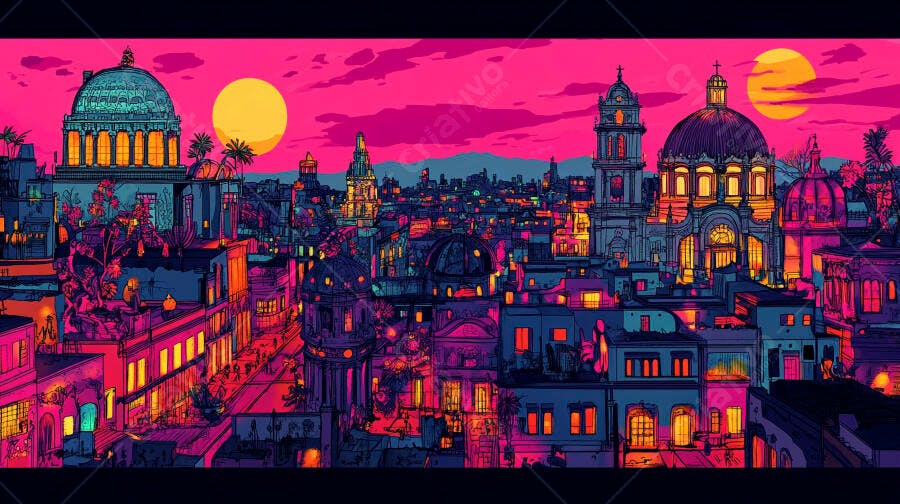 Cidade vibrante com arquitetura histórica cores néon e duas luas no céu rosa
