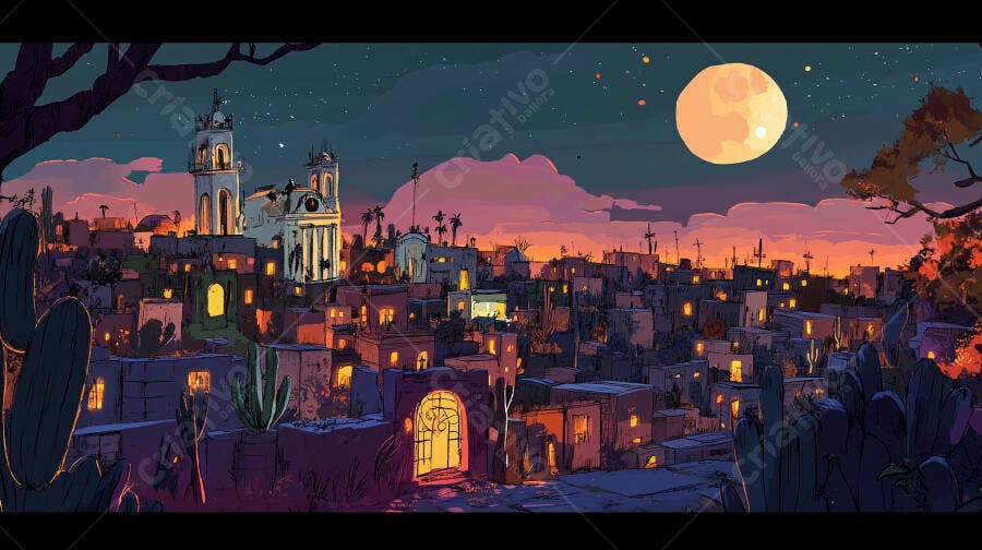 Cidade colorida latino-americana iluminada ao anoitecer com grande lua e igreja
