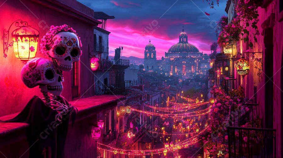 Calaveras esqueletos em varanda observando cidade mexicana festiva Dia dos Mortos