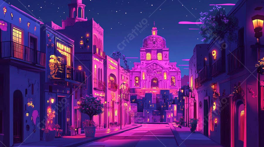 Rua noturna vibrante em cidade com edifícios iluminados roxo e rosa