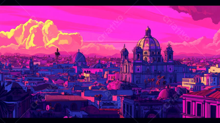 Cidade vibrante com catedral ao pôr do sol rosa e roxo