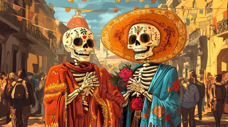 Catrinas decoradas em rua festiva Dia de los Muertos