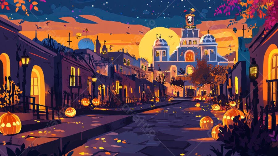 Vibrante rua mexicana noturna com abóboras iluminadas e igreja Dia de Muertos