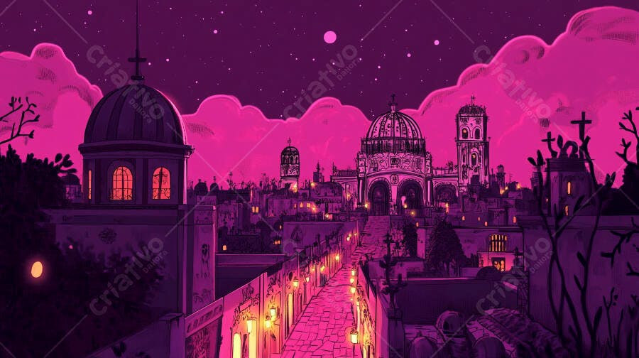 Cidade fantástica roxa iluminada à noite com nuvens rosadas e arquitetura gótica