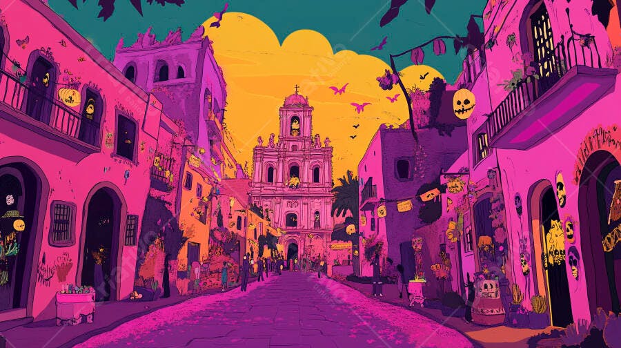 Celebração Dia dos Mortos rua colorida com igreja e caveiras decoradas