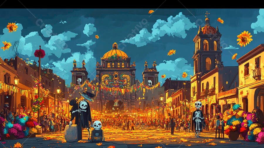 Celebração Dia de Muertos em cidade mexicana com esqueletos coloridos e flores vibrantes