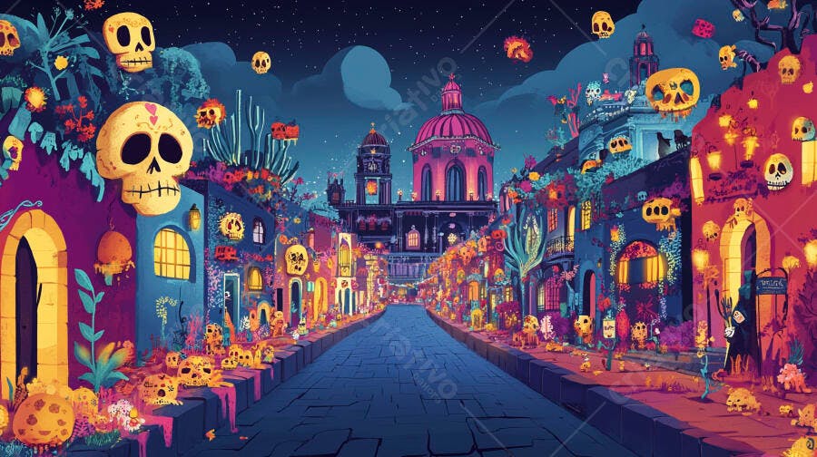 Rua colorida de Dia de Muertos com caveiras e igreja iluminada à noite