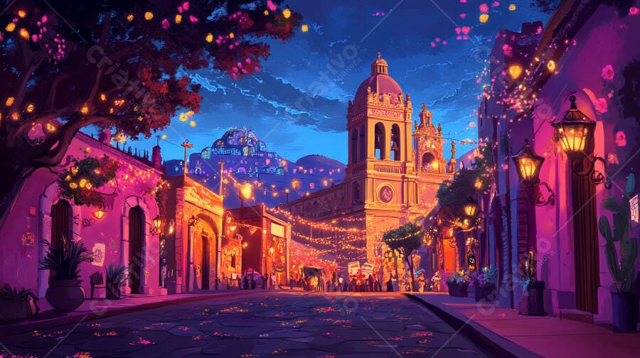 Rua noturna festiva em cidade colonial colorida com igreja e luzes