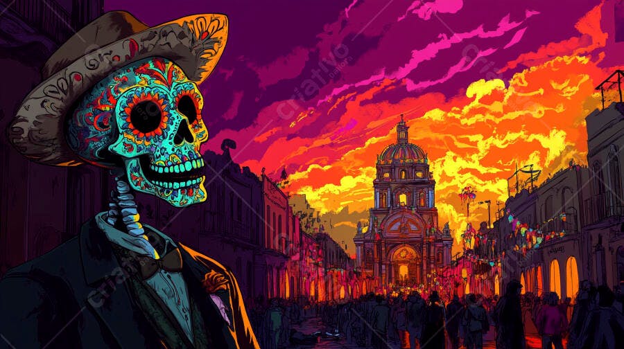 Calavera colorida com sombrero em rua mexicana durante o Dia dos Mortos