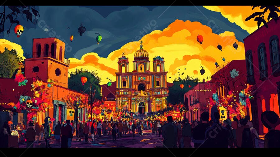 Festa Dia dos Mortos colorida igreja colonial e multidão ao entardecer
