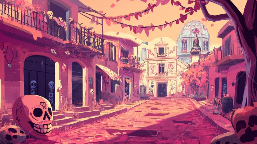 Rua mexicana colorida decorada com caveiras para o Dia dos Mortos