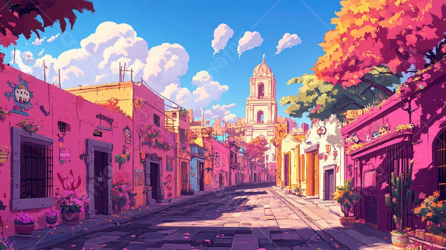 Rua colorida em cidade colonial com igreja e céu azul vibrante