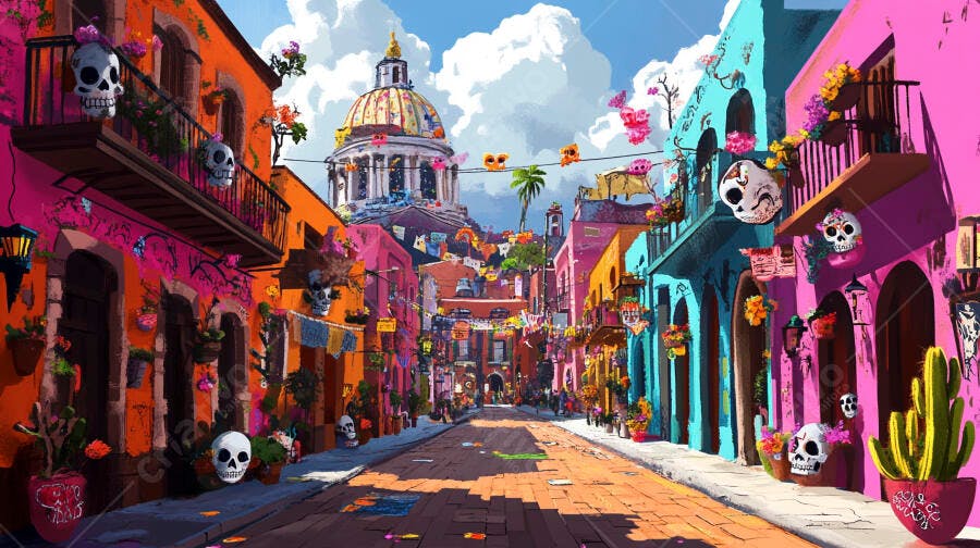 Rua mexicana colorida decorada com caveiras e flores para celebração cultural