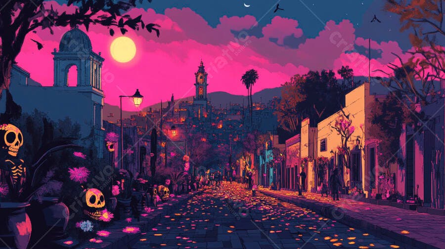 Rua vibrante de cidade colonial com caveiras em Dia de los Muertos