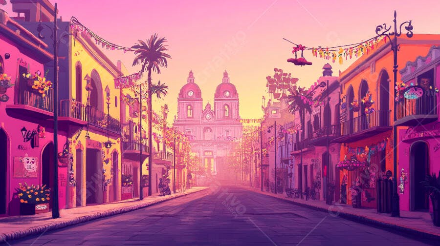 Rua colorida com igreja e decorações festivas em estilo colonial