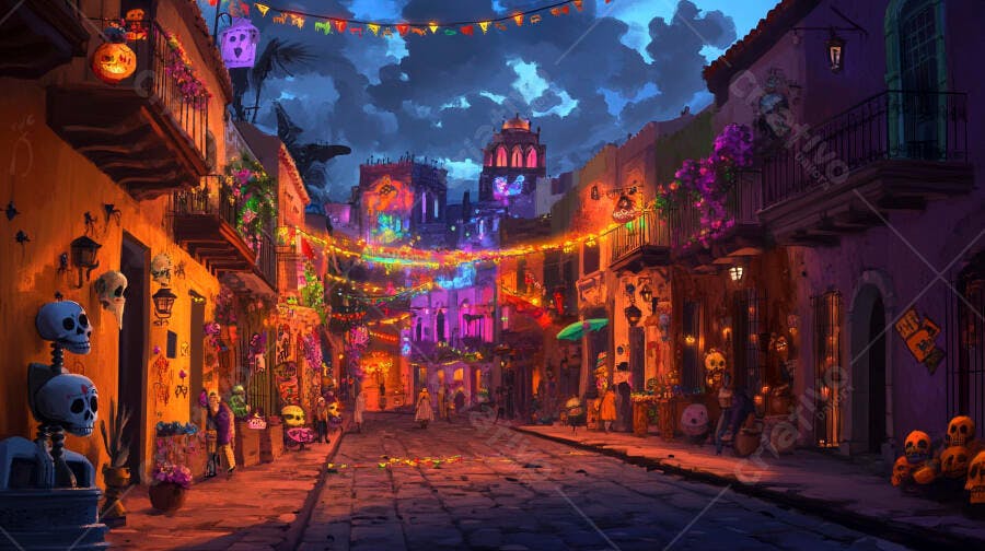 Rua mexicana colorida festiva noite Dia dos Mortos com calaveras e luzes