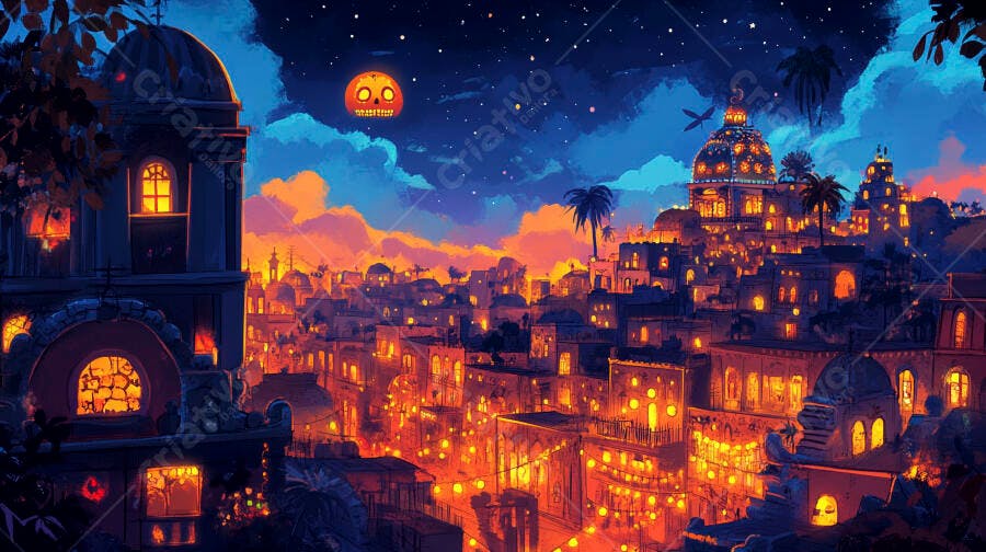 Cidade noturna vibrante com luzes festivas e lua de caveira Dia de los Muertos