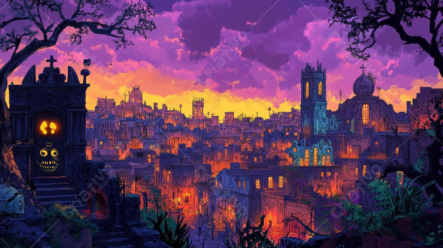 Cidade mística com céu roxo vibrante e laranja ao entardecer e edifício assustador