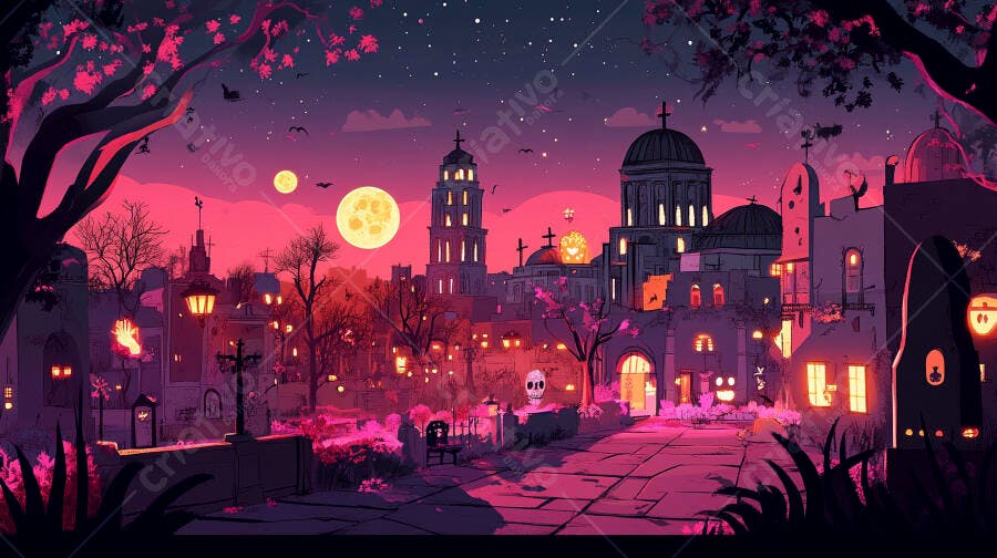 Cidade mística noturna rosa com lua cheia igrejas e detalhes de Dia dos Mortos