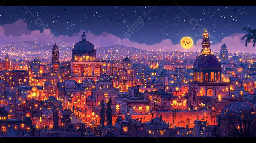Cidade iluminada com decorações de Halloween e lua sorridente na noite estrelada