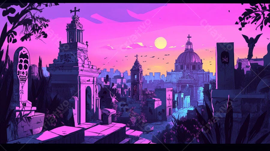Cidade misteriosa com catedral ao pôr do sol rosa e roxo