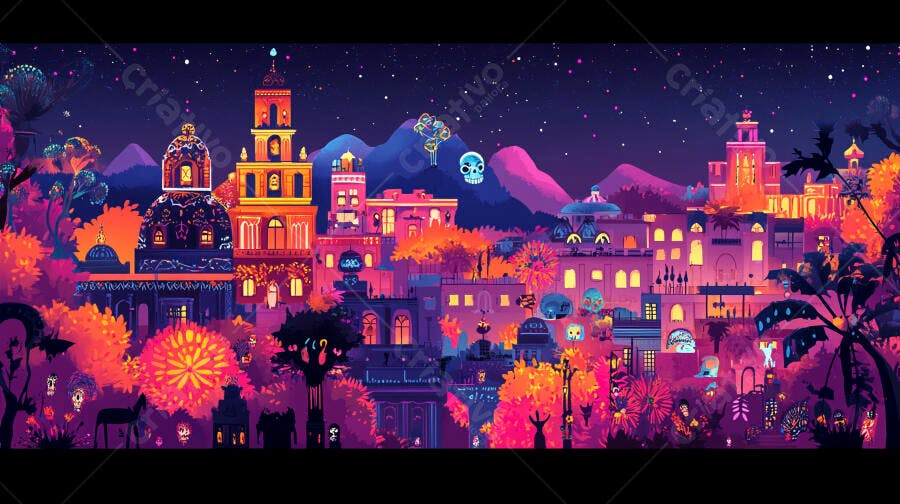 Cidade vibrante celebração Dia dos Mortos noite estrelada ilustração