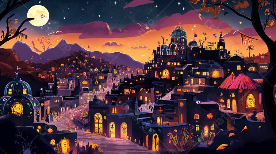 Cidade mágica noturna ilustrada com luzes vibrantes e montanhas sob a lua